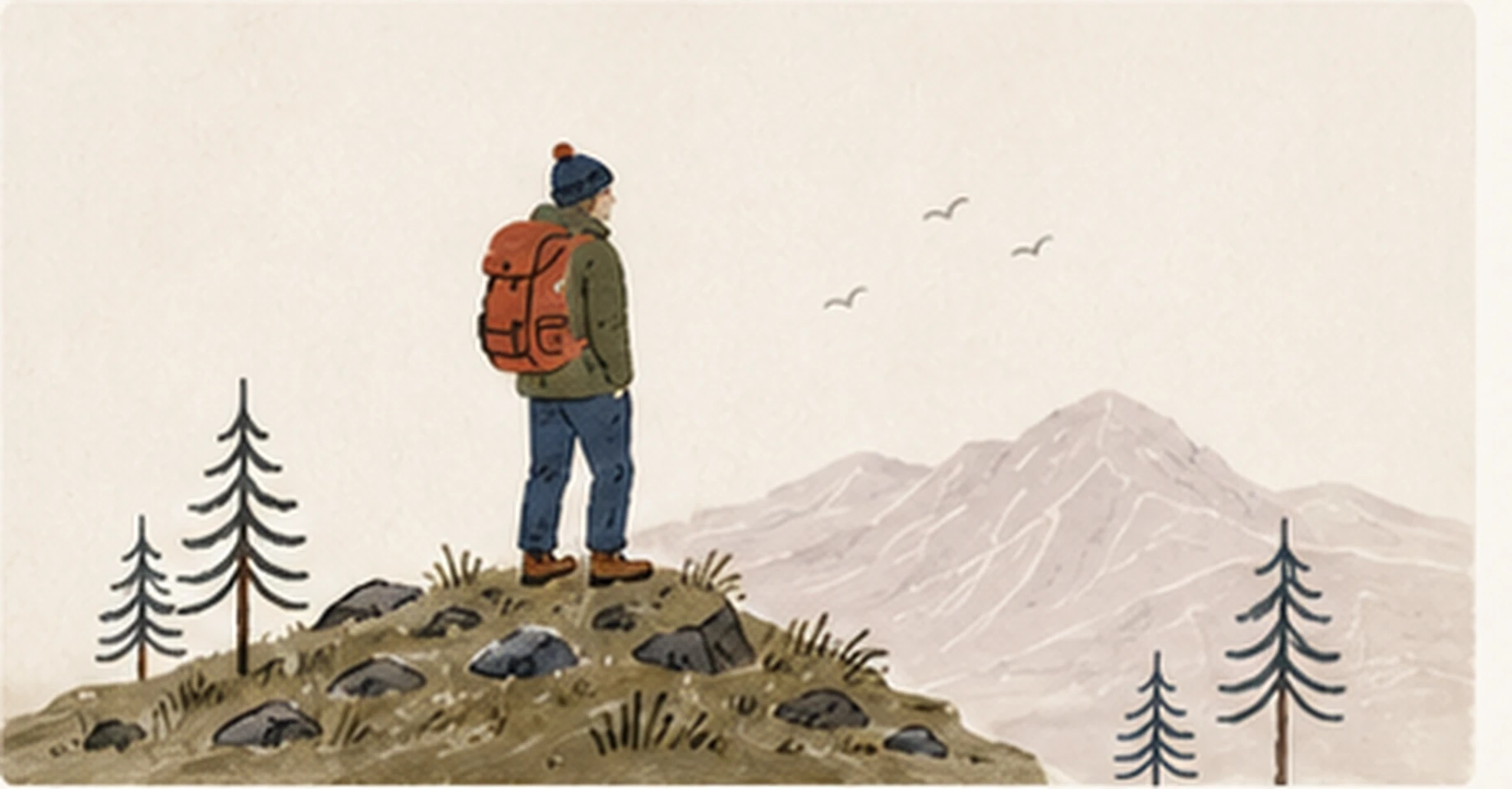 A walker with a red rucksack stands on a rocky hilltop, looking out to a distant peak