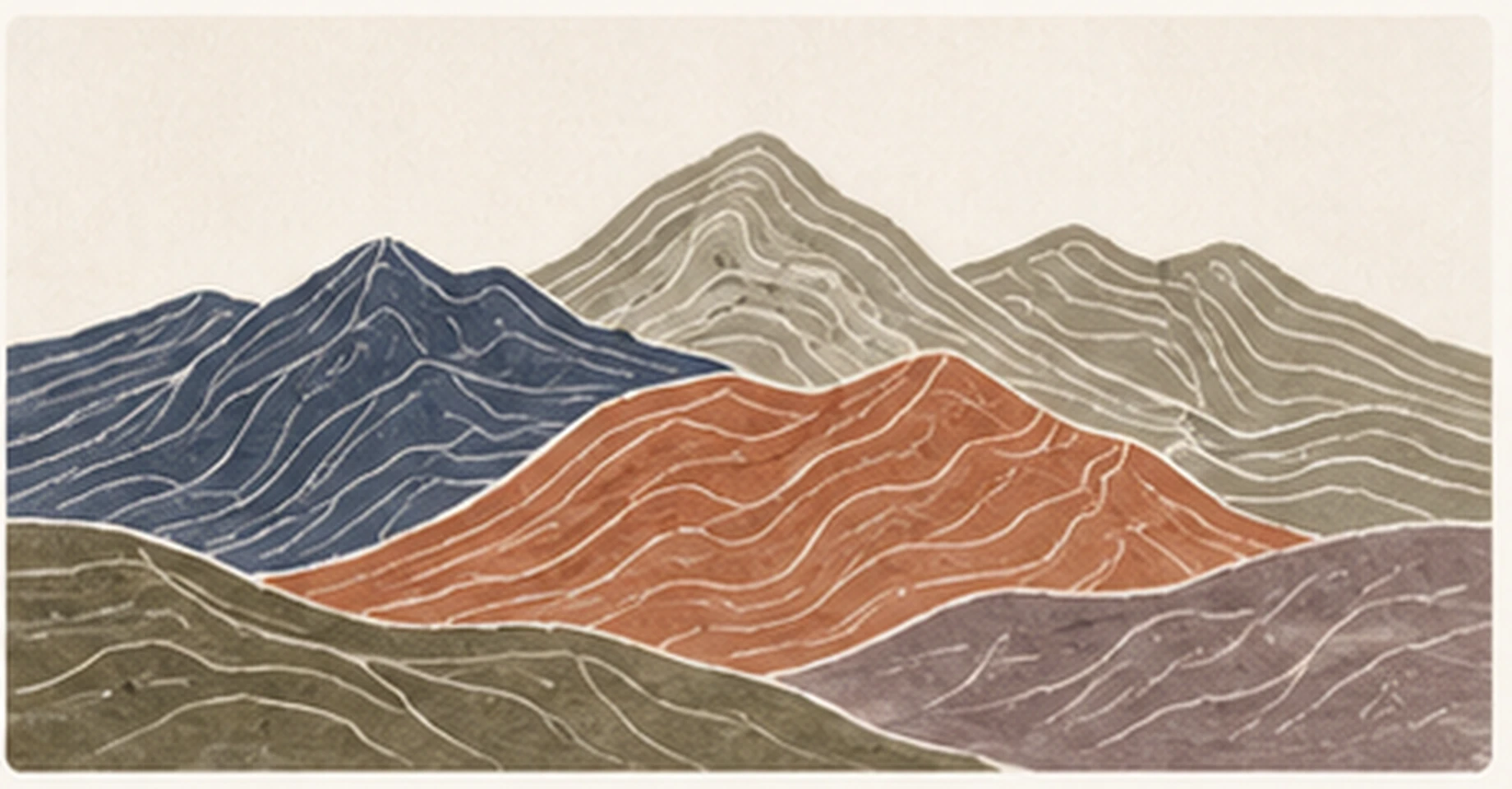 Overlapping mountain ridges drawn with contour lines in navy, ember and olive